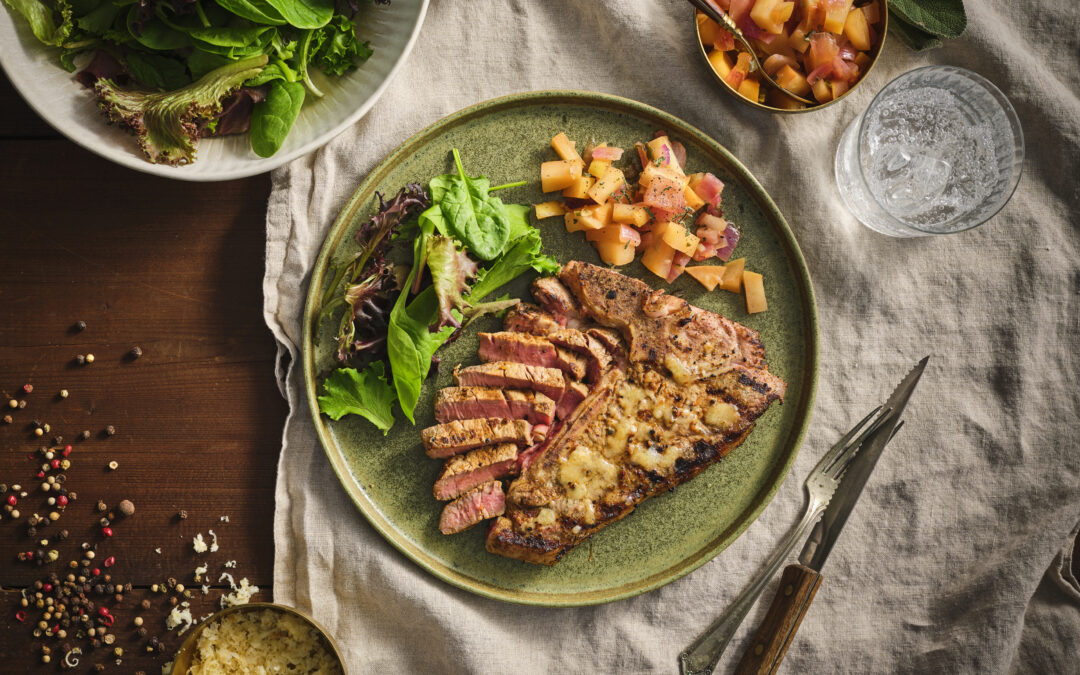 Cider Brined Grilled Veal T-Bones with Smoked Cheddar & Brandied Apple Compote