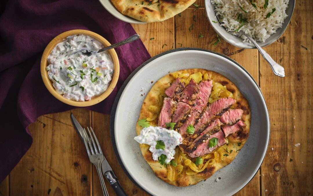 Madras Grilled Veal Rib Steaks with Curried Mango Chutney Caramelized Onions